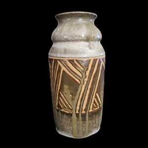 Signed Studio Pottery Vase Abstract Carved Design Neutral Glaze